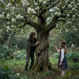 a man has become an apple tree in a secret garden. a girl holds a key. folk horror. fine detail