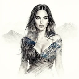 double - exposure tattoo sketch of megan fox shaped in beautiful mountains, in the style of dan mountford