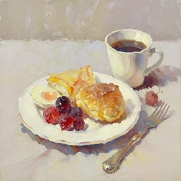 oil painting of breakfast with berries and coffee, thick strokes