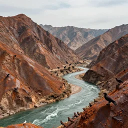 photographic portrait of rusty mountains and rivers made of spiraling puppet crows