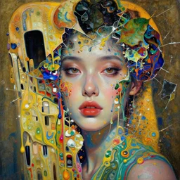 close - up portrait of beautiful girl by irakli nadar with intricate detailed color smashing fluid oilpaint, color leaves, melting wax, broken mirror, fluid acrilic, abstract, ruan jia, scifi, fantasy, hyper detailed, octane render, concept art, by peter mohrbacher, by gustav klimt,
