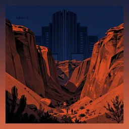 cottonwood canyon utah, mads berg, karolis strautniekas, film noir, stippled light, dramatic lighting, editorial illustration, detailed, fine texture, matte print, art deco, brutalism, dark blue + dark orange, red, black, ( ( habitat 6 7 background ) )