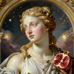 face face face majestic baroque sistina saint Woman Venus godness Athena beautiful gracious pagans marble and gold in space stars clouds  suns greeks, coerent face and body, fruits, bioluminescent skin, bees, pomegranade