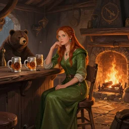 kate beckinsale as druid, sit in fantasy tavern near fireplace, behind bar deck with bear mugs, medieval dnd, colorfull digital fantasy art, 4k