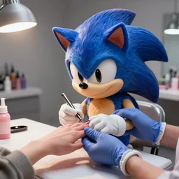 Sonic the Hedgehog at a nail salon getting his nails done, POV, unreal engine
