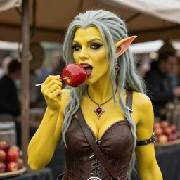 A female tiefling with yellow skin eating a candied red apple on a stick at a fantasy market