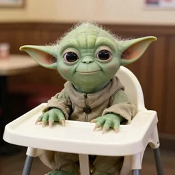 yoda sitting in a high chair at a table in a tgi fridays, 3 5 mm, f / 2. 8