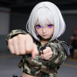 black anime manga girl, throwing punch to camera pose, french bob hair, white hair, wearing camo, purple eyes, realistic, 4 k!!!, art station