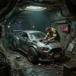 repairing a vehicle in a secret bunker on a machine world, cyberpunk, year 1 9 1 4, artstation