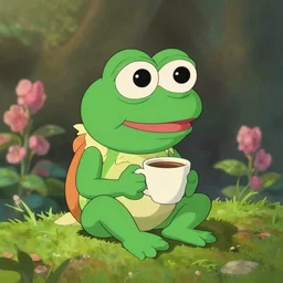 a wholesome animation key shot of small pepe the frog holding a cup of coffee on a hill, medium shot, studio ghibli, pixar and disney animation, sharp, rendered in unreal engine 5, anime key art by greg rutkowski, bloom, dramatic lighting