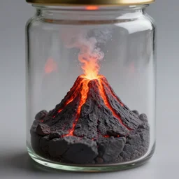 a tiny realistic proportioned erupting volcano with lava and smoke contained inside a glass jar, sharp focus, photography, unreal engine, trending on artstation, photorealistic, octane, trending on deviantart, unreal engine