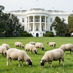 group of sheep graze in front of the white house