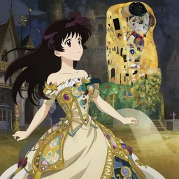 anime visual, portrait of a young woman like reol in a ornate dress outside in the medieval city square looking at the fantasy palace in the distance, cute face by yoh yoshinari, alphonse mucha, dynamic pose, dynamic perspective, rounded eyes, moody, psycho pass, kyoani, gustav klimt, cel shade, yoh yoshinari