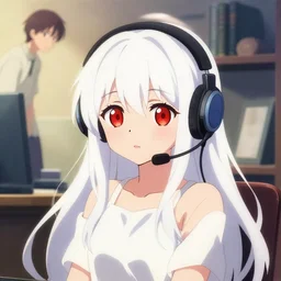 poster by ilya kuvshinov, yoh yoshinari, makoto shinkai, katsuhiro otomo, anime visual of a cute girl, with + ( ( red eyes ) ) + long white hair + ( ( wearing a headset in her room interior ) )