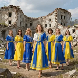 group of ukrainian girls with blue and yellow clothes near big ruined city, concept art, trending on artstation, highly detailed, intricate, sharp focus, digital art, 8 k