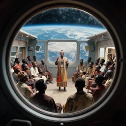 a analogue photo of an African tribal dj entertaining a crowd on a spaceship, planet earth seen in porthole window, wide angle, grungy