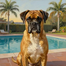 painting of a boxer dog, golden hour, next to a swimming pool, palm trees, artstation, by J. C. Leyendecker and Peter Paul Rubens, - 12p