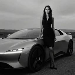 a stunning futuristic car inspired by a beautiful woman, award - winning documentary photograph, cinestill 8 0 0 t 3 5 mm b & w, heavy grain, high quality, noir, natural textures, photorealistic, ambient occlusion, hd, ultra wide lens, anamorphic