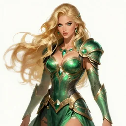 A sexy blonde emerald warrior, illustration, in the style of Fernando Juarez, epic, fantasy, intricate, elegant, amazing detail, digital painting, artstation, concept art, smooth, sharp focus, illustration