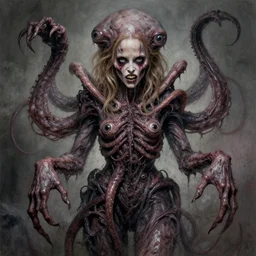 emma watson's horror version. an unnatural abomination, an unsightly mass of hooves, tentacles, eyes, and teeth. grunge, horror, dmt, dark and muted colors, detailed airbrush art, by yves klein