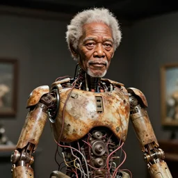 animatronic Morgan Freeman, exposed wires, photo, Stan Winston studios, detailed, 4k