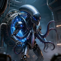 2 8 mm closeup portrait of a wet black metallic chrome mass effect robotic electronic neon cthulhu lovecraft octopus xenomorph alien sentinel with eyes in cylindrical science fiction spaceship fusion tesla coil engine room, pipes, wires, dramatic lighting, octane, blue lights, lens flare, industrial, dirty, trending on artstation, golden ratio, mist, action, volumetric lighting