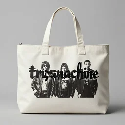 photo of a handbag, band merchandise, printed band name is tripmachine, realistic digital art, hanbag is textured with a 3 d render of a huge futuristic steampunk generator, 8 k, fluorescent colors, halluzinogenic, multicolored, exaggerated detailed, unreal engine