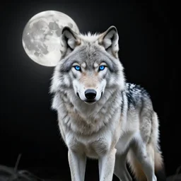 ultra detailed, digital artwork, alpha wolf with piercing blue eyes standing in front of the moon, pitch black,