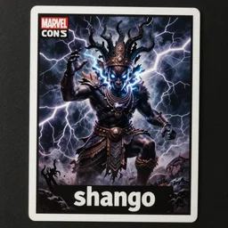 shango, african god of thuder with electric eyes, violent thunderstorm!!, dim light, front game card, marvel comics, dark, intricate, highly detailed, smooth, artstation, digital illustration by ruan jia and mandy jurgens and artgerm and wayne barlowe and greg rutkowski and hildebrandt, tim
