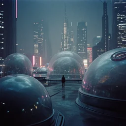 35mm film still blade runner set on Mars in an neon city, domes made of glas by Alex grey