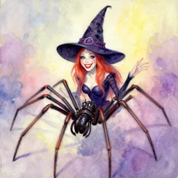 a vibrant mixed pastels and watercolor painting of the female smiling beautiful spider queen witch by gerald brom by edward gorey, trending on artstation