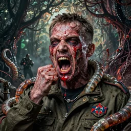 igor ivanovich strelkov became an aggressive bloody lovecraftian degenerate worm calling for total mobilization, photo - realistic, color image, 2 k, highly detailed, bodyhorror, occult art