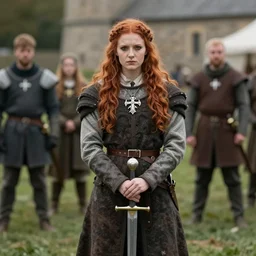 red haired women medieval holding sword men in background contemporary
