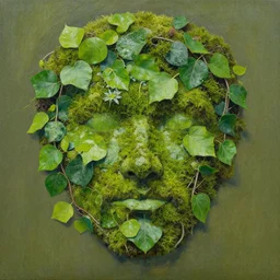 leaves, vines, moss in the shape of a face, foliage face, painting by David A. Hardy