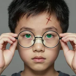 portrait of 1 7 - year - old boy thin face, black hair, and bright green eyes. wearing round glasses held together with a lot of scotch tape. a very thin scar on his forehead that is shaped like a bolt of lightning, hyper realistic face, beautiful eyes, fantasy art, in the style of greg rutkowski, intricate, hyper detailed, smooth