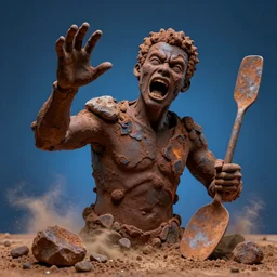 highly detailed photography of a screaming black men made of rust clay, burned, rocks, hand gesture, dust particles, dirt, dramatic scene, aesthetic dynamic lighting, masterpiece, by roberto ferri, blue background, high quality, spatula