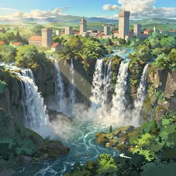 evergreen valley, several waterfalls, ancient marble city, tall buildings, landscape, by makoto shinkai and lois van baarle, ilya kuvshinov, rossdraws, tom bagshaw, global illumination, morning light, radiant light, bird's eye view
