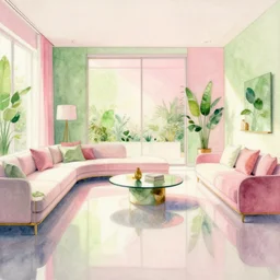 a hiper intricate watercolor of a beauty modern living room, reflexions, intricate details, pink and applegeen harmony palette smooth, by william turner art, by greg rutowski by edmund dulac, by carl larson