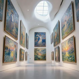 interior futuristic art gallery wide angle highly detailed by santiago calatrava, many wall hanging paintings of art by monet, captivating 8 k hdr, octane render godrays hyperrealism
