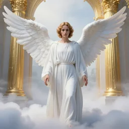 columbo as an angel, white robes, wings, symmetrical face!!!!, round symmetrical eyes!!!, heaven!!!!!!!!, gold gates of heaven!!!!!!!!, clouds on ground!!!!!, fog!!!,, color, hdr