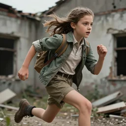 a dramatic pose of a beautiful girl, aged 2 5, wearing explorers clothes, in action, running, dramatic movement and facial expression, dramatic face angles, motion blur, ruined building background, photo realistic, hyper detailed, trending on artstation, unreal engine 5, octane render, 8 k, by martin schoeller