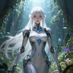 holy cyborg necromancer girl, elegant, scifi, futuristic, utopia, garden, illustration, atmosphere, top lighting, blue eyes, white hair, focused, artstation, highly detailed, art by yuhong ding and chengwei pan and serafleur and ina wong