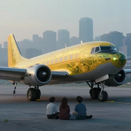 movie scene of a vintage passenger airplane parked on the tarmac, ornamental patterns on the aircraft, yellow and green, neon lights, sitting on the tarmac on a misty day, massive city in the background, cinematic shot,, by ian mcque, lip comarella ferdinand knab, makoto shinkai and lois van baarle, artgerm, pixar, ilya kuvshinov,, tom bagshaw, global illumination, 1 6 : 9 image ratio,