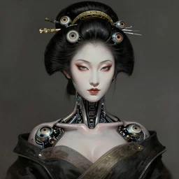 Photorealistic illustration, geisha cyborg woman with fashion balanciaga clothe six digital eyes , cyberpunk 2077, sci-fi, futuristic, intricate, elegant, highly detailed, digital painting, artstation, concept art, smooth, sharp focus, art by artgerm, greg rutkowski and alphonse mucha