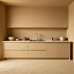 kitchen made of rough sand, octane render, trending on artstation, very rough sand on wall, flooring made of hard sand