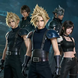 groups photo of final fantasy 7 remake by tom bagshaw, rtx reflections, maya, extreme high intricate hyperrealistic details by wlop, digital art by ross tran, medium shot, composition by sana takeda, dramatic lighting by greg rutkowski