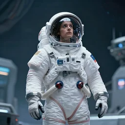 Tall person in a space suit, radiating curiosity and caring, looking around in an alternate universe