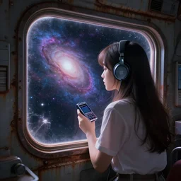 lofi girl staring out the window of her spaceship listening to music on a sony walkman, camera facing the window, galaxies and stars are in the background of the window, spaceship is all rusted on the inside, 4 k, fantasy, space, lofi, music, alone, galaxies, stars