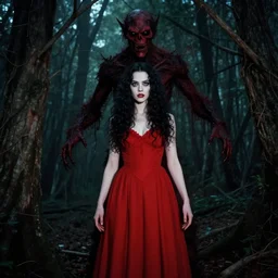 akihiko yoshida, full body, pretty alyson hannigan, evil dead demon, evil dead movie, red dress, symmetrical eyes, symmetrical face, long curly black hair, trees, forest, branches, cinematic lighting, evil dead creature, scary, blood