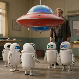 movie still from the 2 0 2 2 sequel to batteries not included produced by steven spielberg, starring small very - cute walking and flying ufo - shaped robots who are helping impoverished residents of an orphanage in eastern europe. science - fiction comedy.